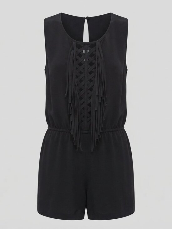 BCBGMaxAzria Pants - BCBGMAXAZRIA Silk Black Fringe Lattice Romper Back Keyhole Size S Style BID9C039